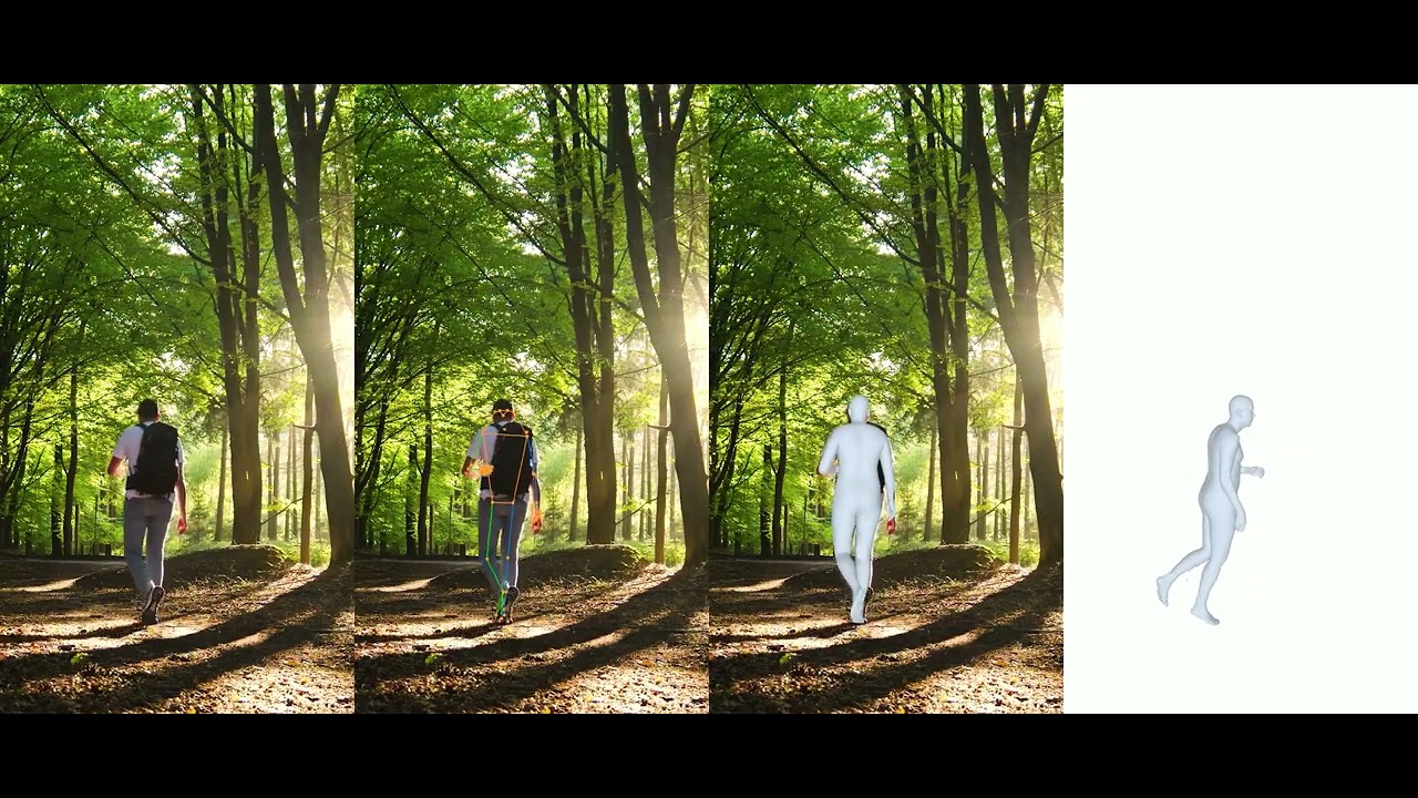 Source video, tracked joints, and recovered SAM 3D Body mesh shown side by side